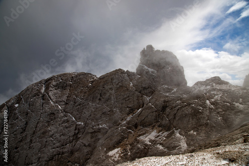 The rocks at Serauta in summer mist, Marmolada, Dolomites, Italy © erika8213