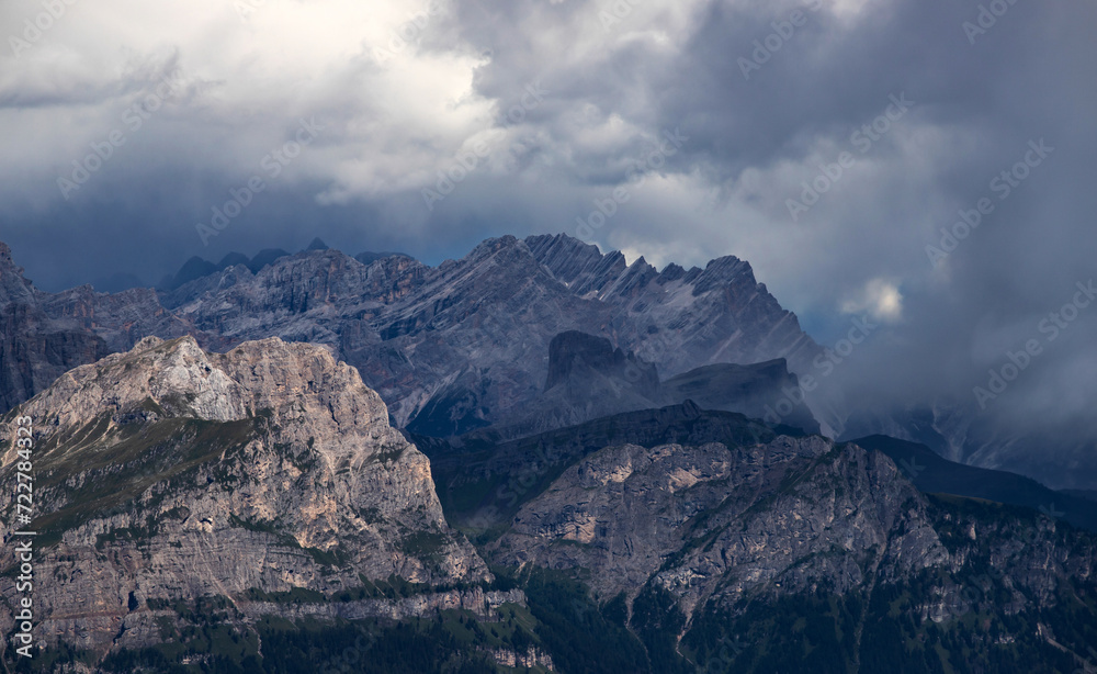Panoramic view from the top of the Marmolada Glacier in summer mist, Dolomites,  South Tyrol, Italy.
