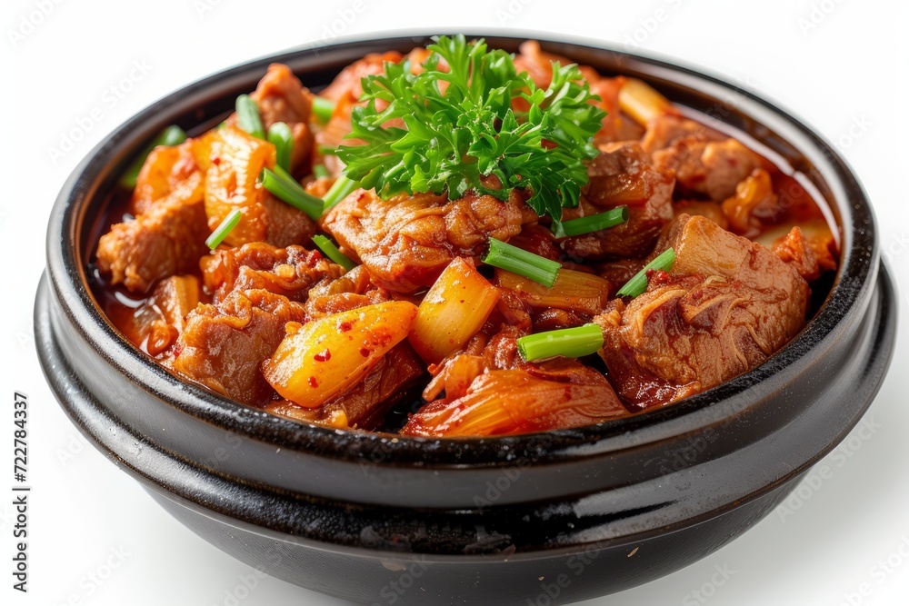 Pork aged kimchi steamed dish on white background Pork aged kimchi steamed dish on white background