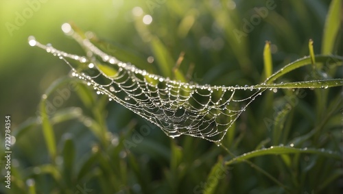 Dew drops glistening on a spider web in fresh morning grass. generative AI