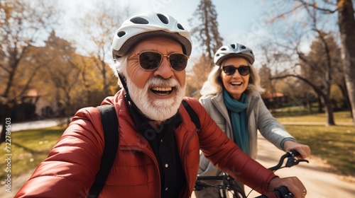 Happy senior retiree healthy lifestyle couple cycling in spring wearing helmets smiling happily on sunny day outdoor recreation activity for eldely people