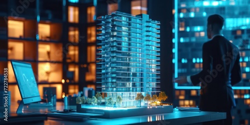 Investor is seen model Condo on a desk background, epitomizing the forward-thinking approach to real estate ventures and the transformative influence of AI in the industry.