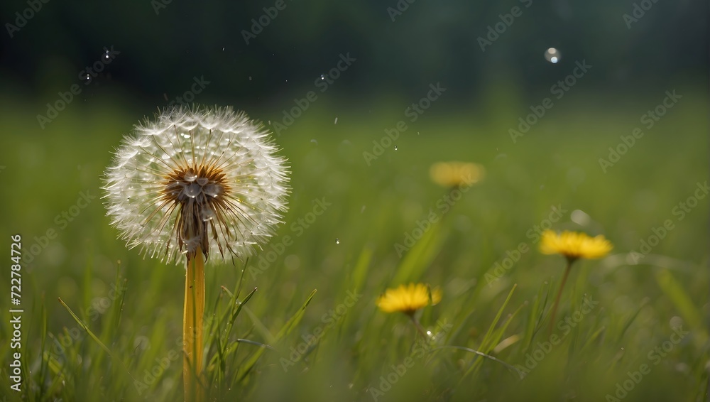 Lone dandelion in tall, wet grass after a rainstorm. generative AI Lone dandelion in tall, wet grass after a rainstorm. generative AI