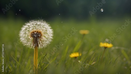 Lone dandelion in tall  wet grass after a rainstorm. generative AI