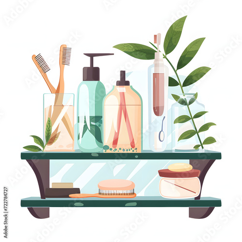 Glass shelf with bathroom accessories isolated on white background, pop-art, png 