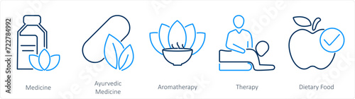 A set of 5 Mix icons as medicine, ayurvedic medicine, aromatherapy