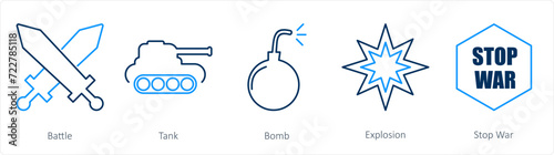 A set of 5 Mix icons as battle, tank, bomb