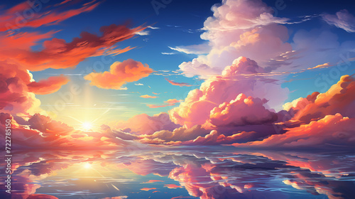 Captivating Landscape: Sky, Clouds, and Sunset in an Enchanting Oil Painting View. Mesmerizing Wallpaper with a Blend of Light Colors, Shades of Purple, Anime-style Magic, and Vibrant Splashes