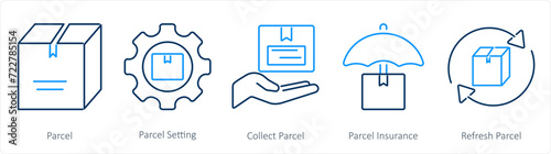 A set of 5 Mix icons as parcel, parcel setting, collect parcel