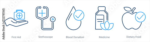 A set of 5 Mix icons as first aid, stethoscope, blood donation