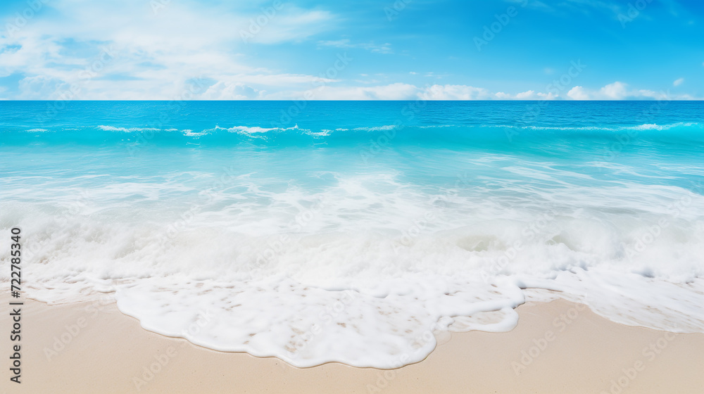 Tropical beach background with sea waves, white sand and foam 