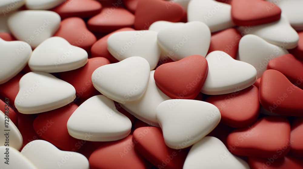 Red hearts on wooden table against defocused lights.