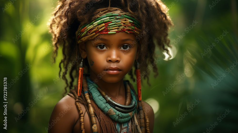 portrait of a beautiful, cute child with afro, necklaces and earrings in forest portrait of a beautiful, cute child with afro, necklaces and earrings in forest