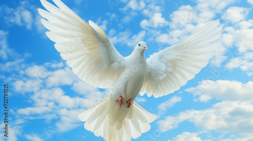 as free as a bird, Freedom, A white dove spreads its wings wide against a blue sky with clouds