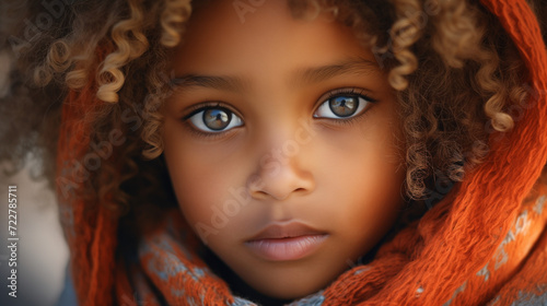 close-up portrait of a beautiful, cute child with beautiful, big, gray eyes, brown curly hair and orange scarf, reflection in the eyes