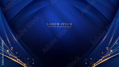Luxury golden line with blue curve shape, and glitter light effect decoration on dark blue background
