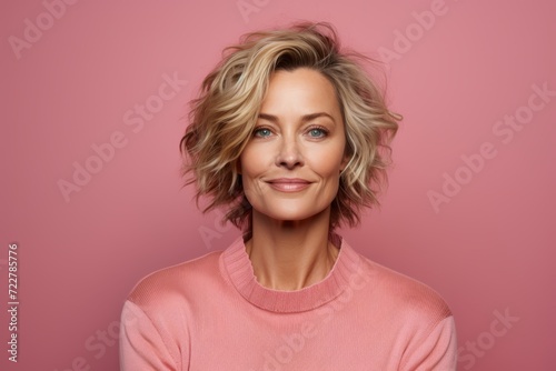 Portrait of beautiful blonde woman in pink sweater on pink background.