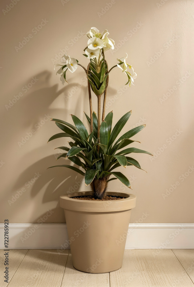 Ornamental green blooming houseplant with wide leaves stands on floor in beige ceramic pot, on background of beige wall with space for text. Side natural lighting. Copy space. Ornamental green blooming houseplant with wide leaves stands on floor in beige ceramic pot, on background of beige wall with space for text. Side natural lighting. Copy space.