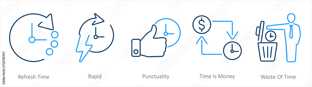 A set of 5 mix icons as refresh time, rapid, punctuality