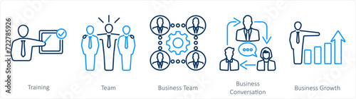 A set of 5 mix icons as training, team, business team
