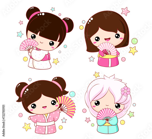 Set of cute little girls with fans in kawaii style. Hanami season collection of Japanese traditional toy kokeshi doll in kimono. Vector illustration EPS8  