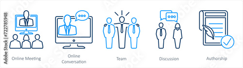 A set of 5 mix icons as online meeting, online conversation, team