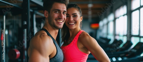 Portrait Happy couple doing gym in a sports training center. Generated AI image
