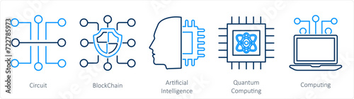 A set of 5 mix icons as circuit, blockchain, artificial intelligence