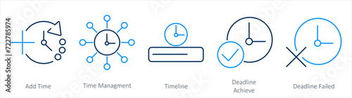 A set of 5 mix icons as add time, time management, time line