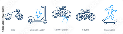 A set of 5 mix icons as bike, electric scooter, electric bicycle