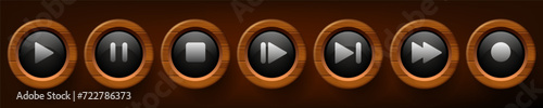 Multimedia buttons. Black buttons with wooden frame. Vector clipart isolated on dark background.