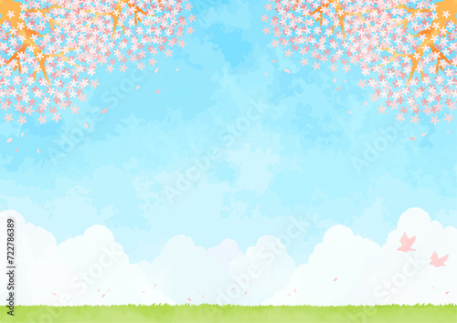 青空と桜と草原の風景イラスト