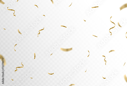 Gold confetti and ribbon bows that fall on a transparent background. Small and big. Vector illustration