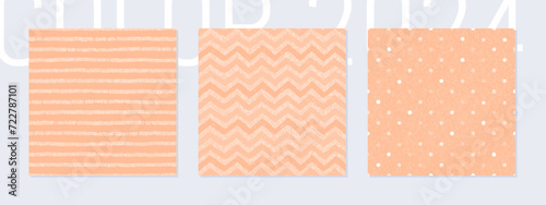 Peach fuzz 2024 year color seamless pattern set. Striped line, zig zag, polka dot pattern. Peach fuzz seamless background, abstract brush grunge sketch. 2024 spring summer palette. Simple watercolor
