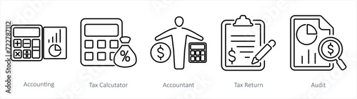A set of 5 accounting icons as accounting, tax calculator, accountant