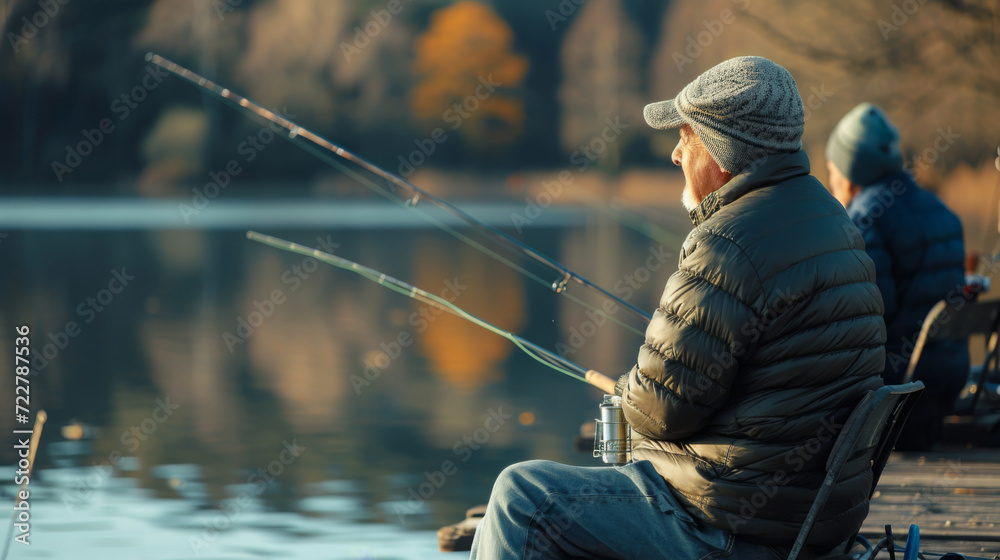 elderly man sitting by a calm lake, fishing rod in hand elderly man sitting by a calm lake, fishing rod in hand