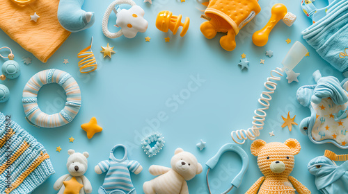 kids clothes and dresses, Flat lay composition top view with empty space at center for children products advertising, pastel color background
 photo