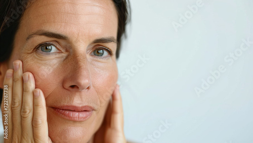 Portrait of cropped caucasian middle aged woman face with wrinkles touching skin by hands on white background