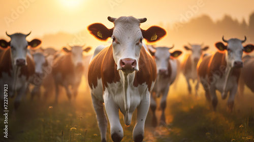 Cows in field, one cow looking at the camera during sunset in the evening © alexkich