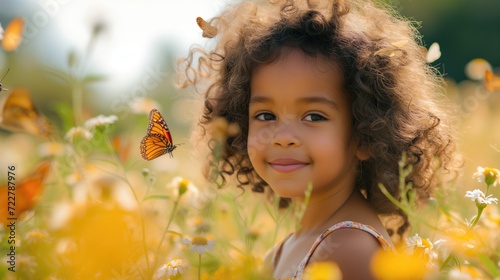 Sunny mixed descent curly little preschool girl kid in summer floral field with butterflies enjoyng nature on holiday vacations looking up and smilling happily at golden hour