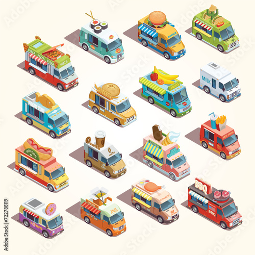street food trucks isometric icons collection