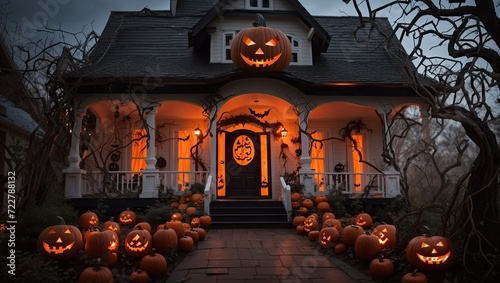 "Halloween House Adorned with Pumpkins: Winning Stock Photo