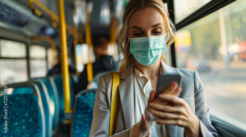 woman is seen sitting on a bus, wearing a surgical mask and looking down at her smartphone, with a cityscape visible through the window behind her