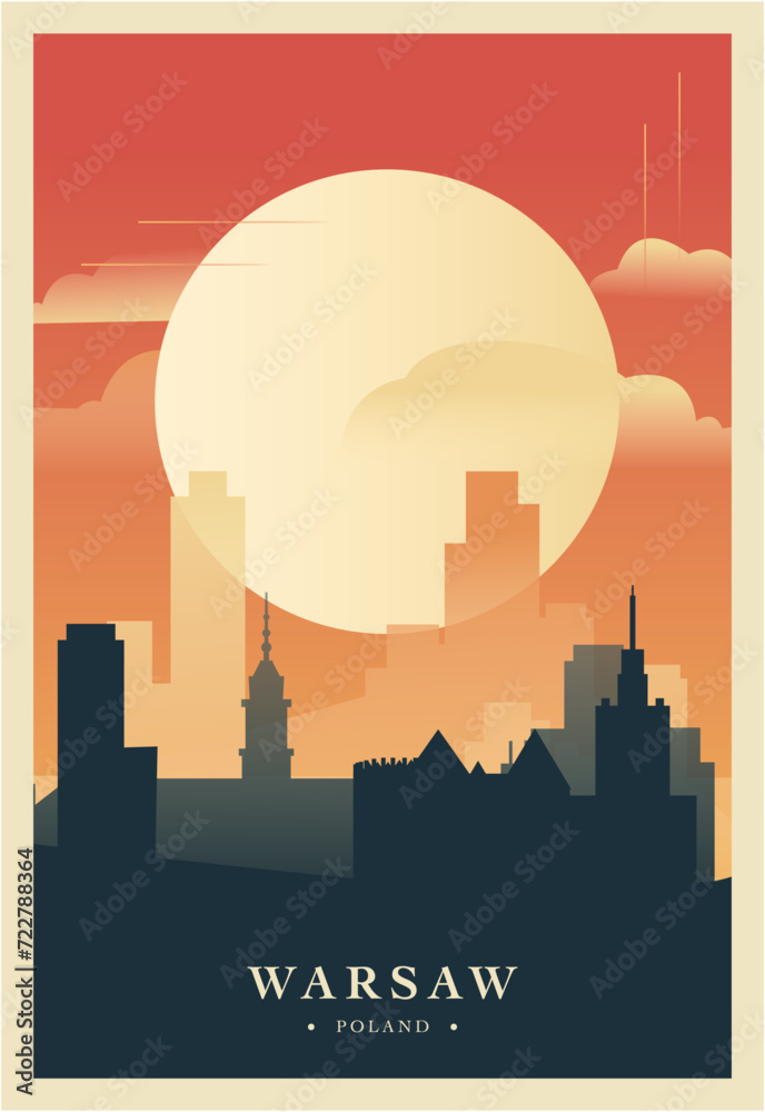 Warsaw city brutalism poster with abstract skyline, cityscape retro vector illustration. Poland capital town travel front cover, brochure, flyer, leaflet, business presentation template image