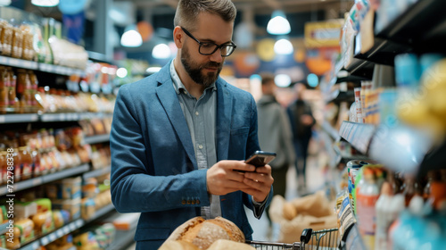 man in a blue blazer and glasses is using his smartphone while shopping in a grocery store photo