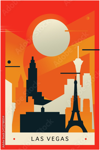 Las Vegas city brutalism poster with abstract skyline, cityscape. USA Nevada state retro vector illustration. US travel front cover, brochure, flyer, leaflet, presentation template, layout image
