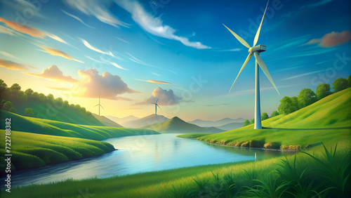 A wind turbine in a field of green grass with a river in the background.