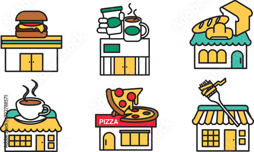 シンプルな線画のショップアイコンセットA飲食店のイラスト