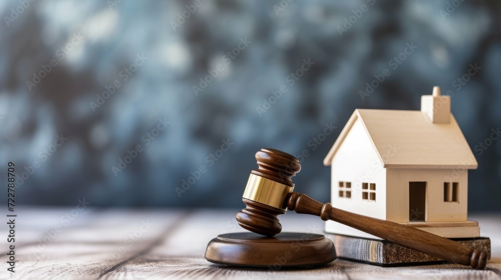 House model and a gavel showing enforcement of property law with the estate property background. House model and a gavel showing enforcement of property law with the estate property background.