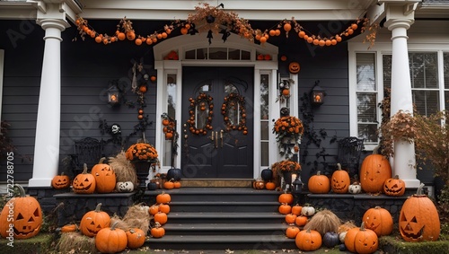 "Halloween House Adorned with Pumpkins: Winning Stock Photo